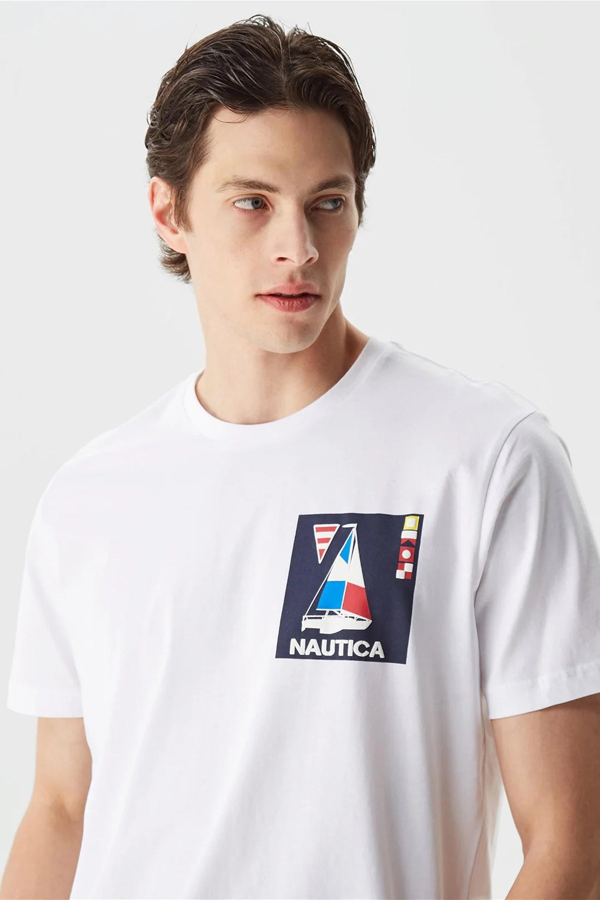 Nautica % 100 Pamuk Logo Baskılı Bisiklet Yaka Standart Fit Erkek T Shirt V35434T 1BW BEYAZ