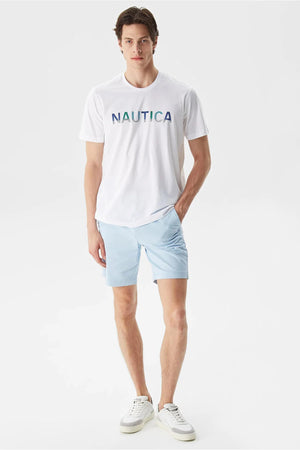 Nautica % 100 Pamuk Marka Baskılı Bisiklet Yaka Standart Fit Erkek T Shirt V35506T 1BW BEYAZ