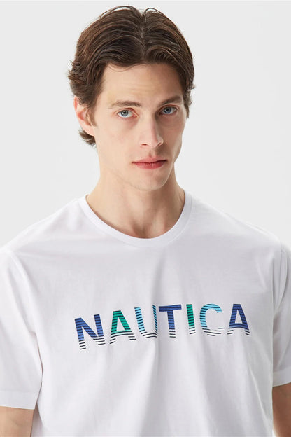 Nautica % 100 Pamuk Marka Baskılı Bisiklet Yaka Standart Fit Erkek T Shirt V35506T 1BW BEYAZ