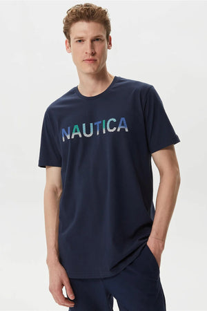 Nautica % 100 Pamuk Marka Baskılı Bisiklet Yaka Standart Fit Erkek T Shirt V35506T 4NV LACİVERT