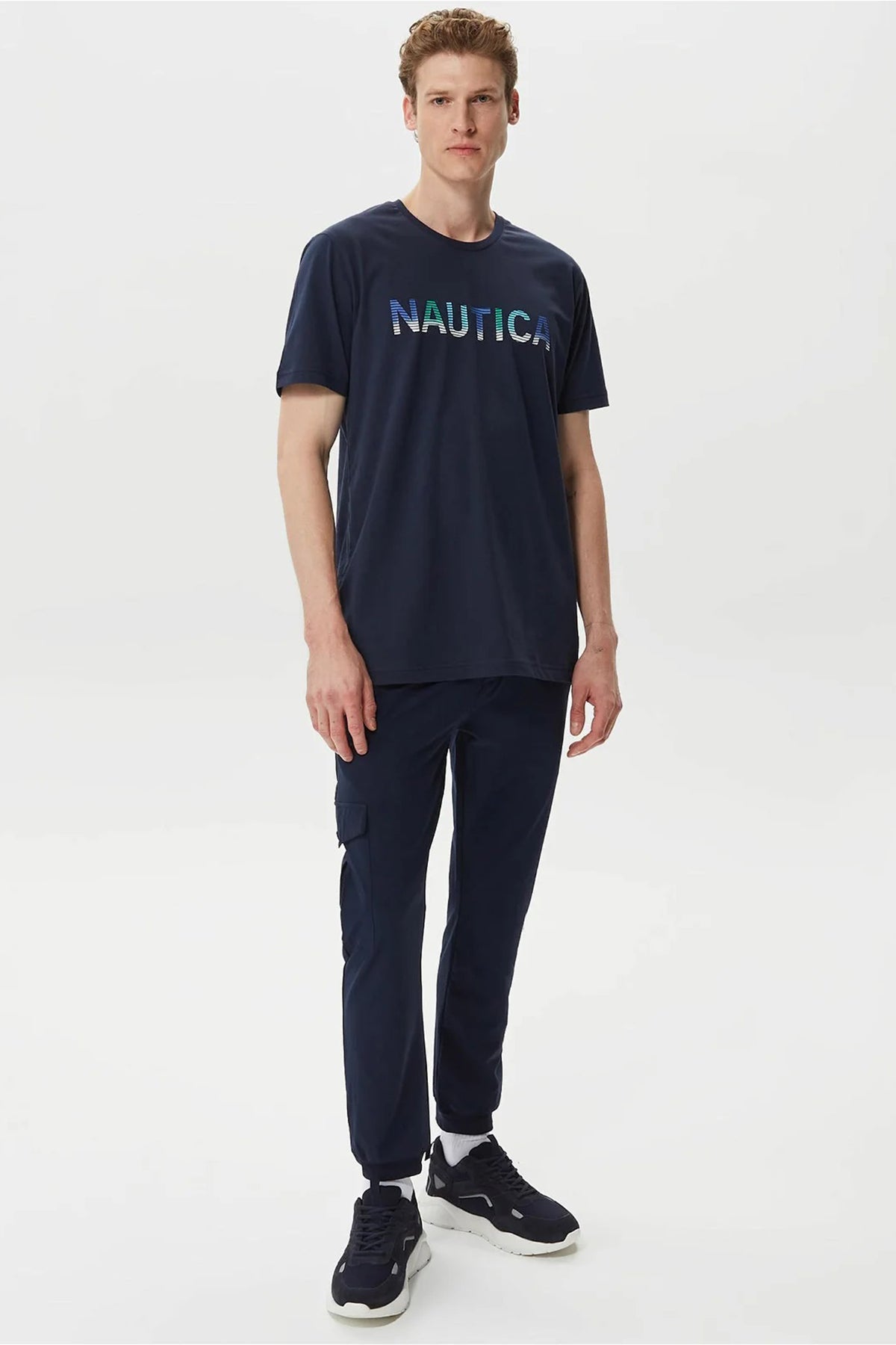 Nautica % 100 Pamuk Marka Baskılı Bisiklet Yaka Standart Fit Erkek T Shirt V35506T 4NV LACİVERT