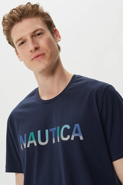 Nautica % 100 Pamuk Marka Baskılı Bisiklet Yaka Standart Fit Erkek T Shirt V35506T 4NV LACİVERT