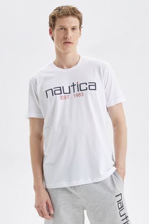 Nautica Baskılı % 100 Pamuk Standart Fit Bisiklet Yaka Erkek T Shirt V35527T 1BW BEYAZ