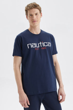 Nautica Baskılı % 100 Pamuk Standart Fit Bisiklet Yaka Erkek T Shirt V35527T 4NV LACİVERT