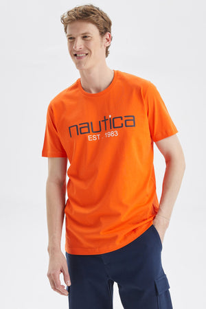 Nautica Baskılı % 100 Pamuk Standart Fit Bisiklet Yaka Erkek T Shirt V35527T 8PR TURUNCU