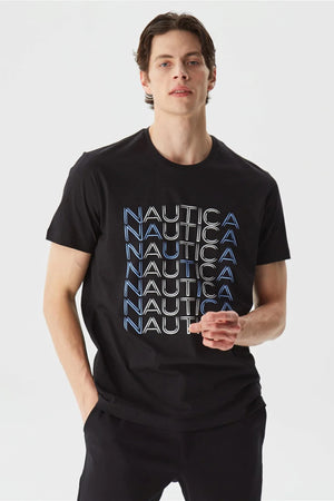 Nautica % 100 Pamuk Marka Baskılı Bisiklet Yaka Standart Fit Erkek T Shirt V35528T 0TB SİYAH