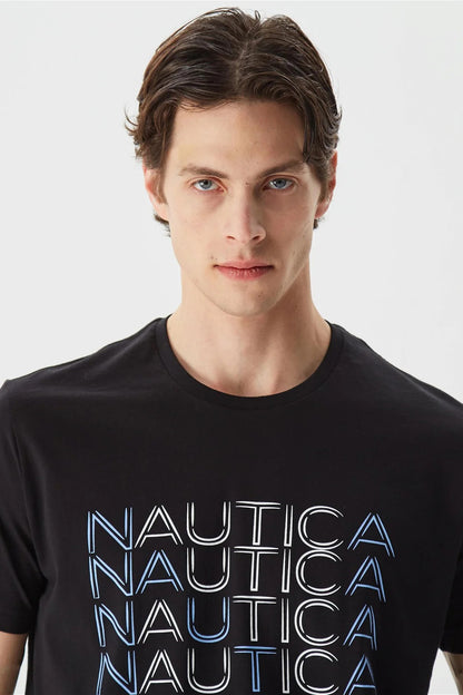 Nautica % 100 Pamuk Marka Baskılı Bisiklet Yaka Standart Fit Erkek T Shirt V35528T 0TB SİYAH