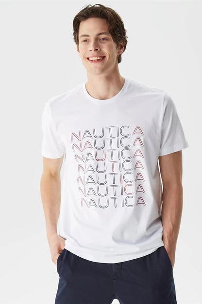 Nautica % 100 Pamuk Marka Baskılı Bisiklet Yaka Standart Fit Erkek T Shirt V35528T 1BW BEYAZ