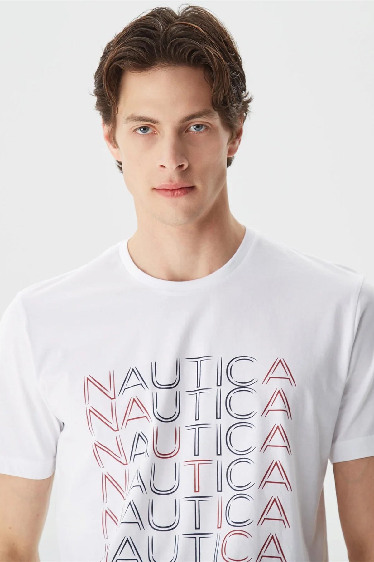 Nautica % 100 Pamuk Marka Baskılı Bisiklet Yaka Standart Fit Erkek T Shirt V35528T 1BW BEYAZ