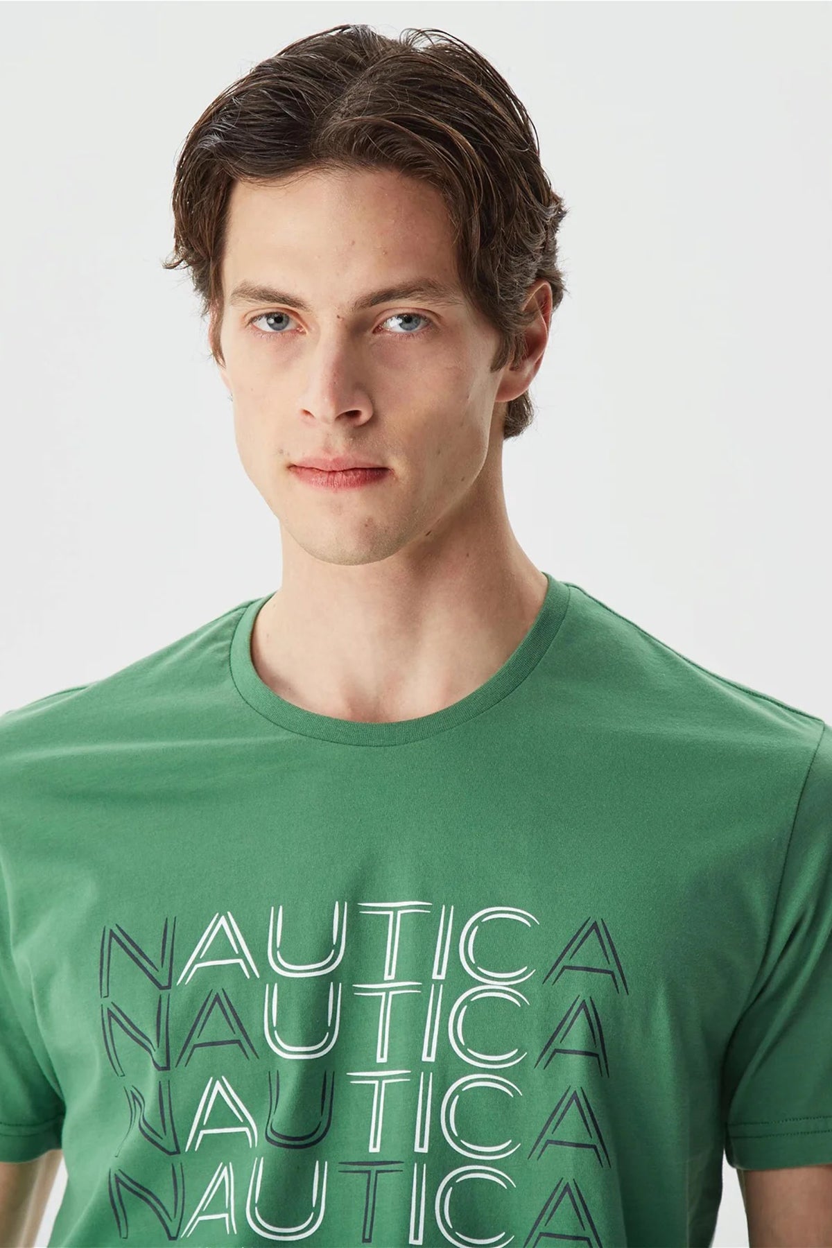 Nautica % 100 Pamuk Marka Baskılı Bisiklet Yaka Standart Fit Erkek T Shirt V35528T 3FY YEŞİL