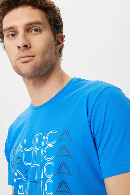 Nautica % 100 Pamuk Marka Baskılı Bisiklet Yaka Standart Fit Erkek T Shirt V35528T 4SJ SAKS