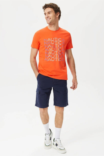 Nautica % 100 Pamuk Marka Baskılı Bisiklet Yaka Standart Fit Erkek T Shirt V35528T 8TR TURUNCU