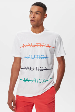 Nautica % 100 Pamuk Marka Baskılı Bisiklet Yaka Standart Fit Erkek T Shirt V35530T 1BW BEYAZ