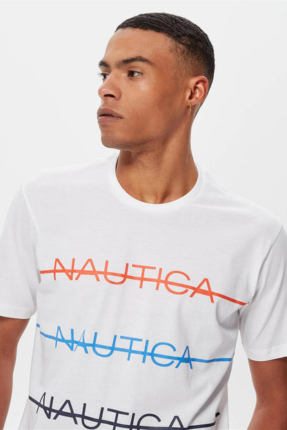 Nautica % 100 Pamuk Marka Baskılı Bisiklet Yaka Standart Fit Erkek T Shirt V35530T 1BW BEYAZ