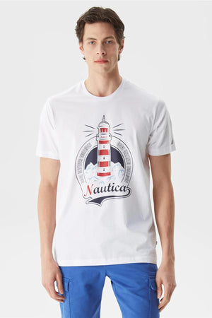 Nautica % 100 Pamıuk Logo Baskılı Bisiklet Yaka Standart Fit Erkek T Shirt V35531T 1BW BEYAZ