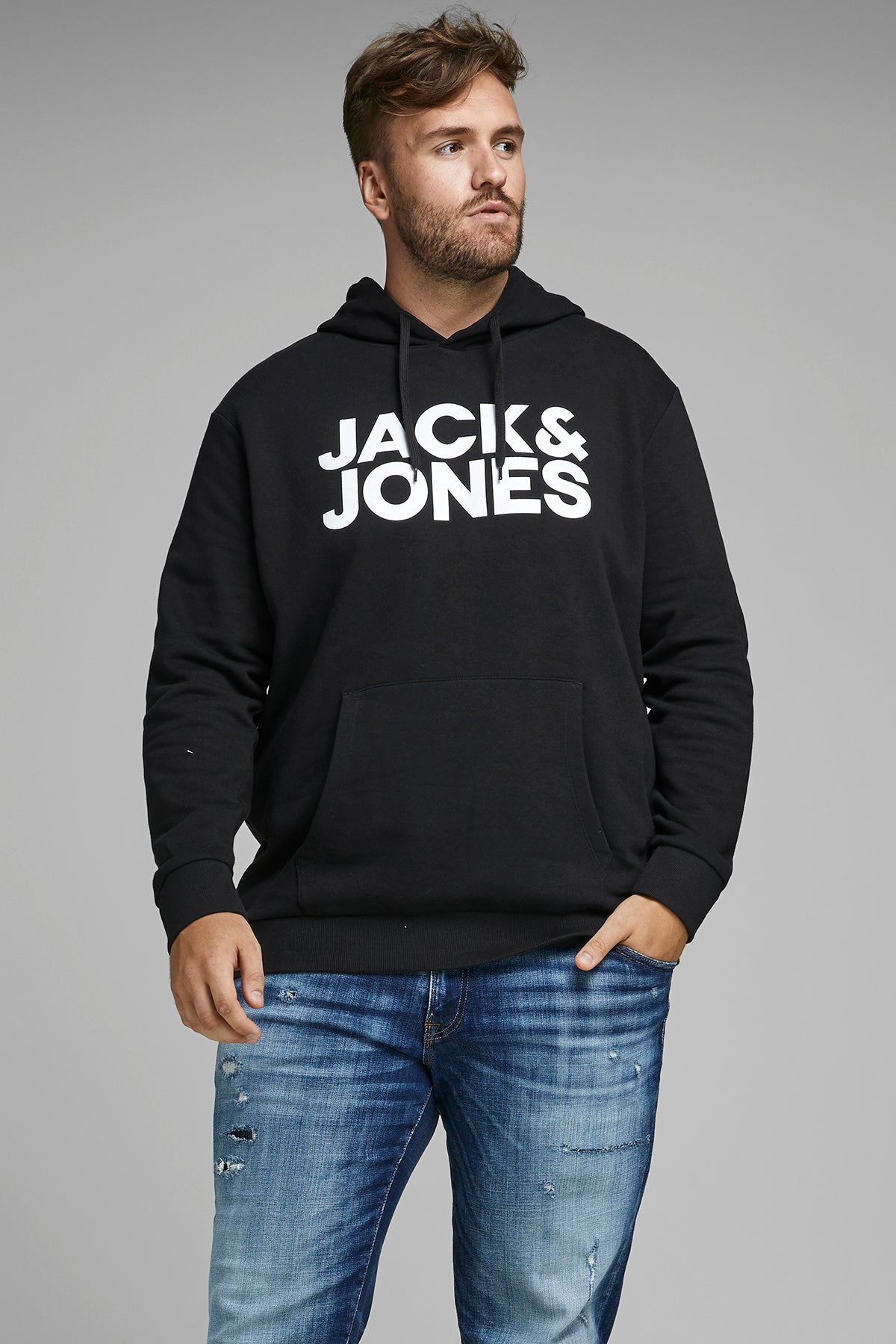 Jack & Jones Plus Jjecorp Pamuklu Kapüşonlu Kanguru Cepli Regular Fit Erkek Sweat 12163777 SİYAH