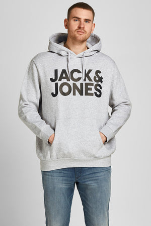 Jack & Jones Plus Jjecorp Pamuklu Kapüşonlu Kanguru Cepli Regular Fit Erkek Sweat 12163777 AÇIK GRİ