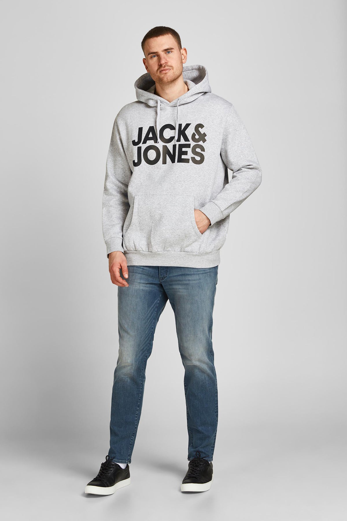 Jack & Jones Plus Jjecorp Pamuklu Kapüşonlu Kanguru Cepli Regular Fit Erkek Sweat 12163777 AÇIK GRİ