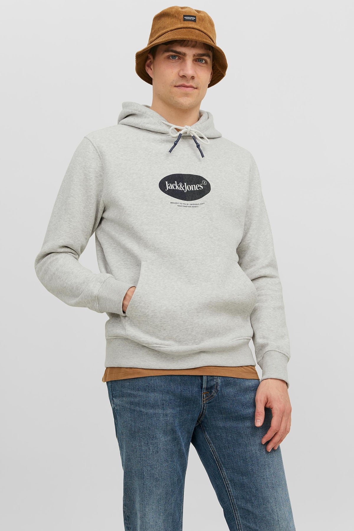 Jack & Jones Originals Jordalston Pamuklu Kapüşonlu Cepli Regular Fit Erkek Sweat 12242197 AÇIK GRİ