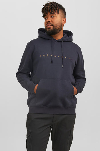 Jack & Jones Plus Jjestar Büyük Beden Pamuklu Kapüşonlu Logolu Cepli Relaxed Fit Erkek Sweat 12243527 KOYU LACIVERT