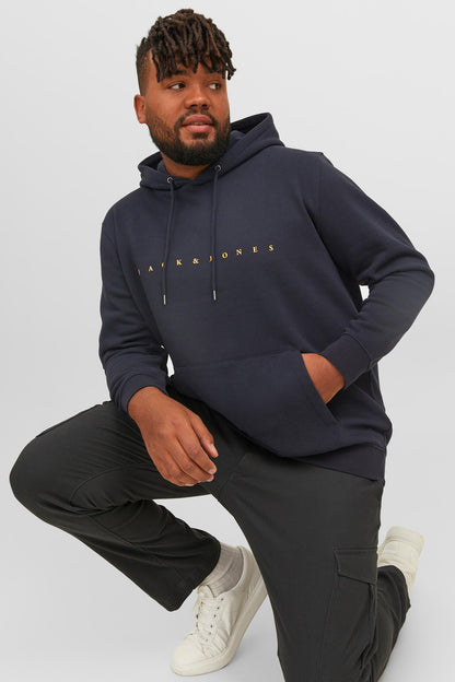 Jack & Jones Plus Jjestar Büyük Beden Pamuklu Kapüşonlu Logolu Cepli Relaxed Fit Erkek Sweat 12243527 KOYU LACIVERT