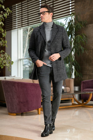 Buratti Slim Fit Tek Yırtmaçlı Düğmeli Mono Yaka Kaşe Erkek Kaban 5840098 Antrasit Ekoseli