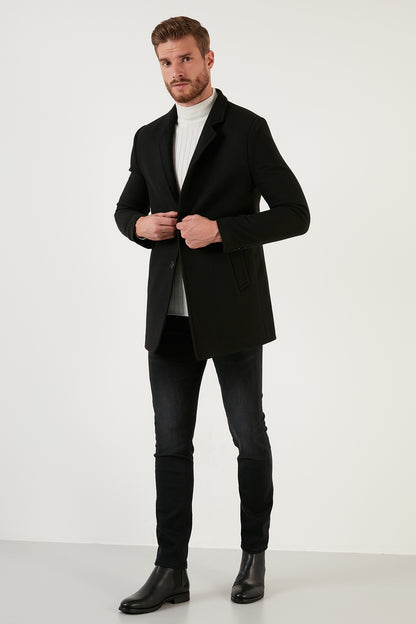 Buratti Slim Fit Tek Yırtmaçlı Düğmeli Dik Yaka Kaşe Erkek Kaban 5840110 SİYAH