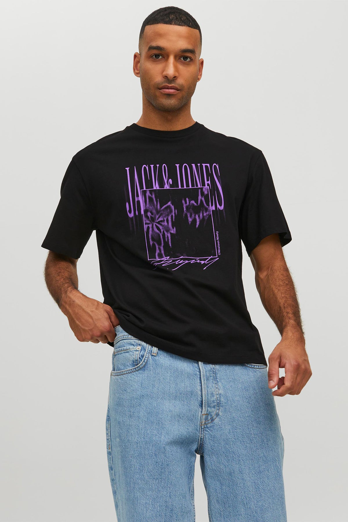 Jack &amp; Jones Originals % 100 Pamuk Regular Fit Bisiklet Yaka Erkek T Shirt 12230182 SİYAH-MOR
