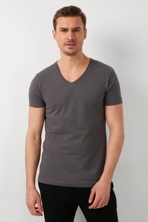 Buratti % 100 Pamuk Slim Fit V Yaka Basic Erkek T Shirt 5412001 FÜME