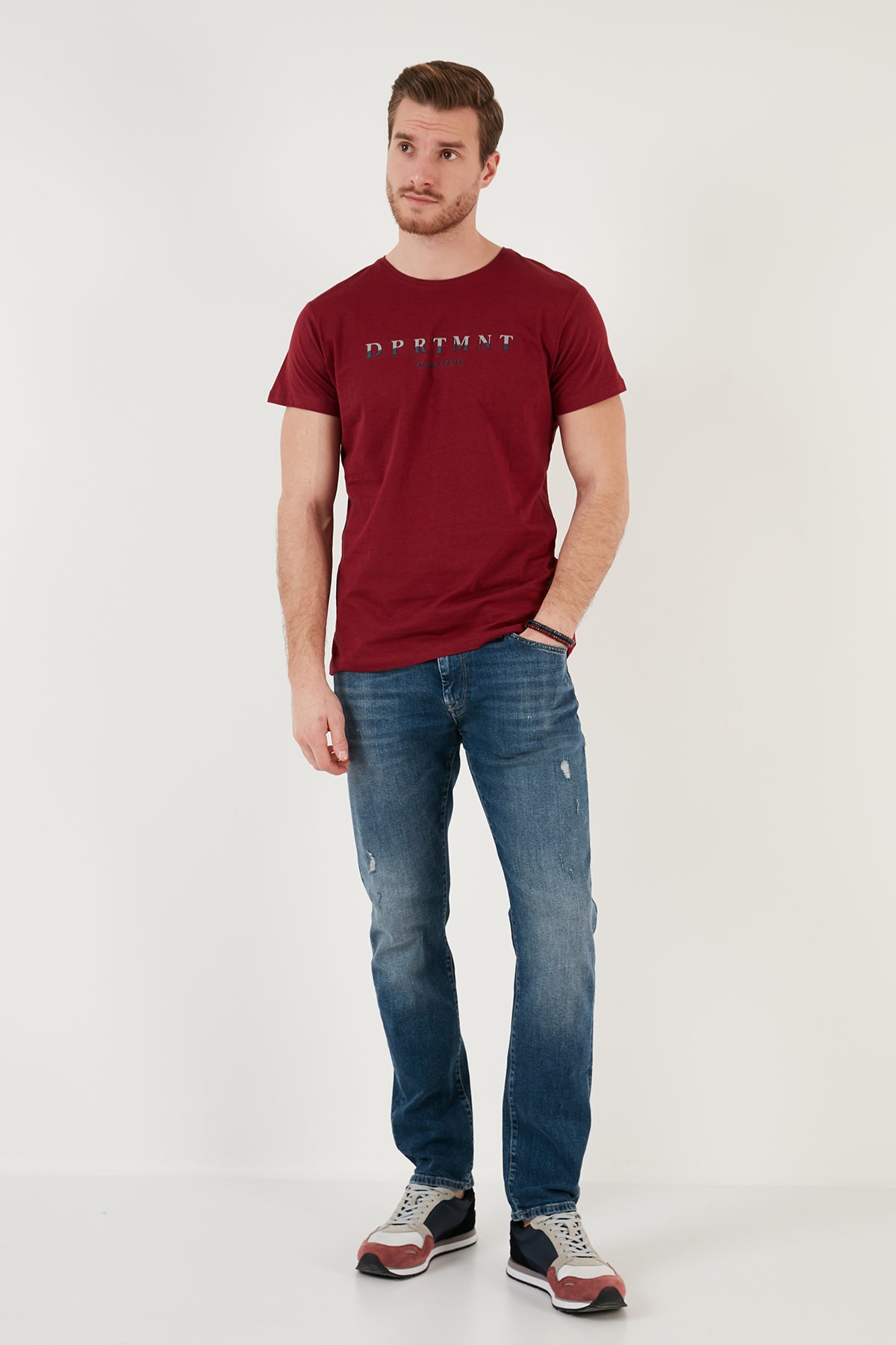 Buratti Baskılı Bisiklet Yaka Pamuklu Slim Fit Erkek T Shirt 541DPRTMNT24 BORDO