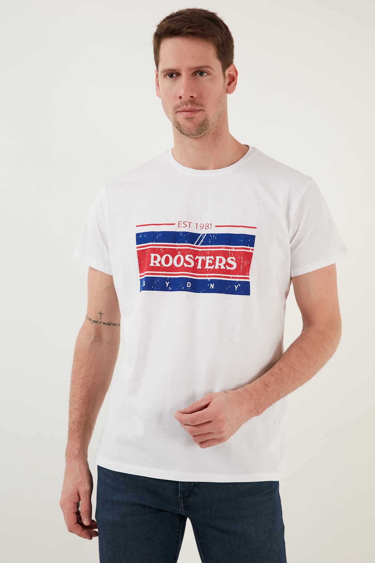 Buratti Baskılı Bisiklet Yaka % 100 Pamuk Slim Fit Erkek T Shirt 541ROOSTERS BEYAZ