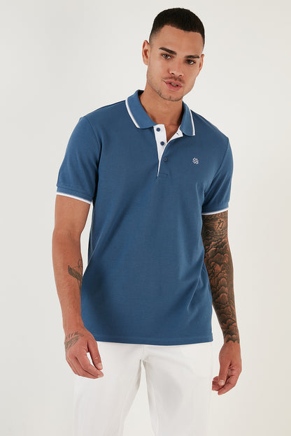 Buratti % 100 Pamuk Düğmeli Slim Fit Erkek Polo T Shirt 5902118 Koyu Mavi-Beyaz
