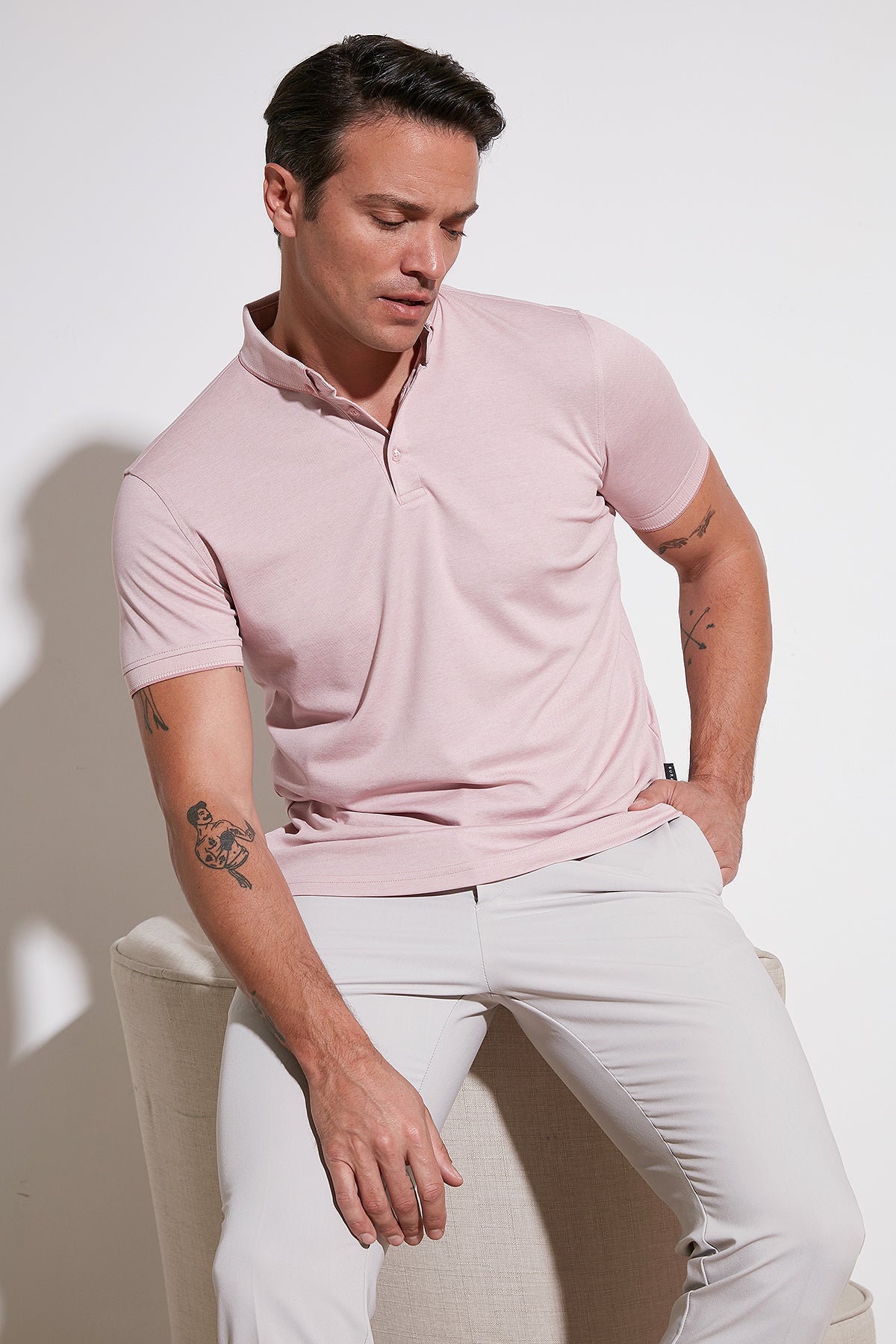 Buratti Pamuklu Slim Fit Erkek Polo T Shirt 646R1000 Beyaz-Rose
