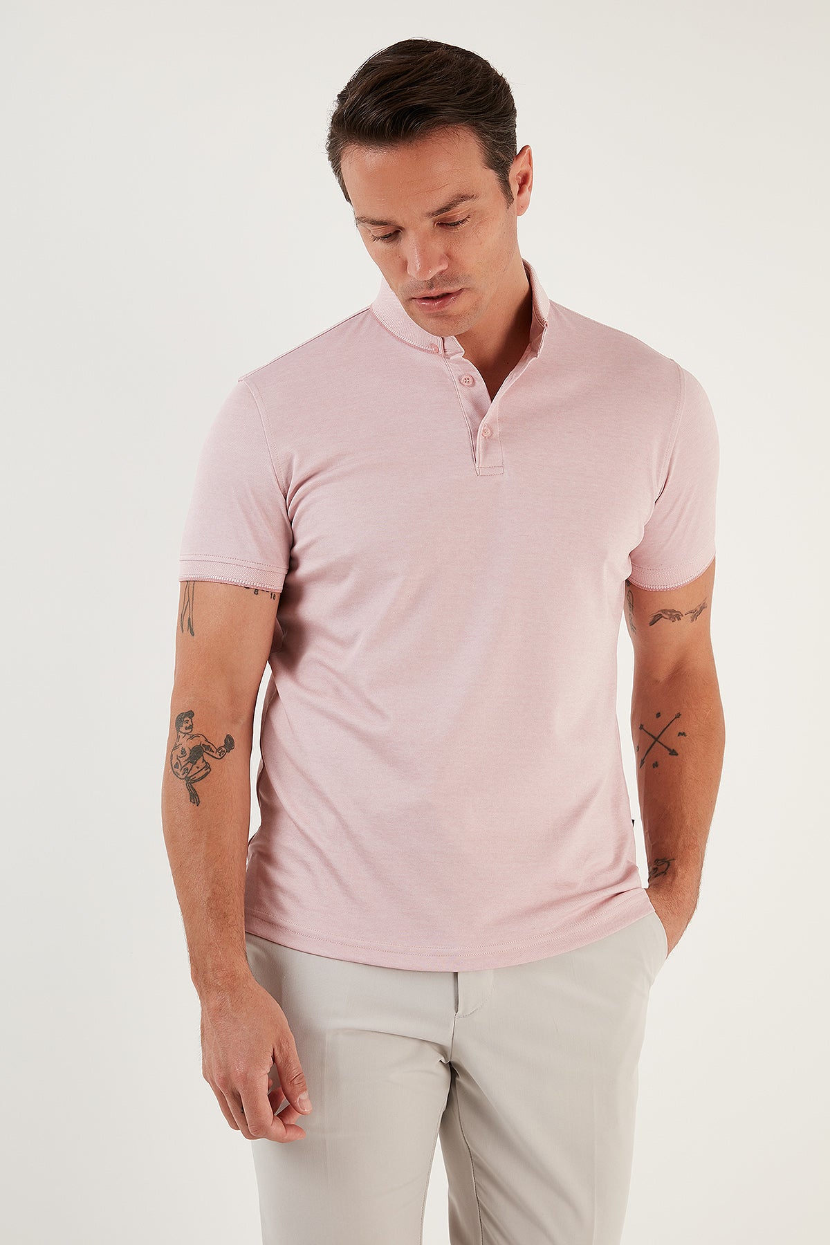 Buratti Pamuklu Slim Fit Erkek Polo T Shirt 646R1000 Beyaz-Rose