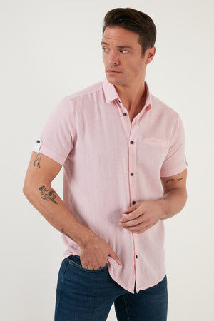 Buratti % 100 Pamuk Keten Görünümlü Slim Fit Kısa Kollu Erkek Gömlek CF21S111766 ROSE