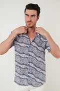 Buratti Regular Fit Kısa Kollu Apaş Yaka Desenli Erkek Gömlek CF21S114293 İNDİGO-BEYAZ