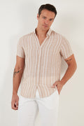 Buratti İnce Çizgili Düğmeli Yaka % 100 Pamuk Slim Fit Erkek Gömlek CF23S116097 TAŞ