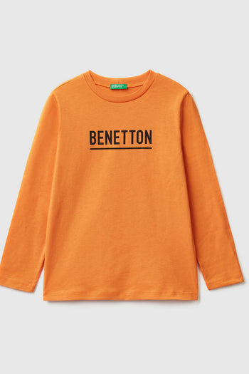 United Colors Of Benetton Baskılı Bisiklet Yaka Uzun Kollu Pamuklu Erkek Çocuk T Shirt 3096C10C7 TURUNCU