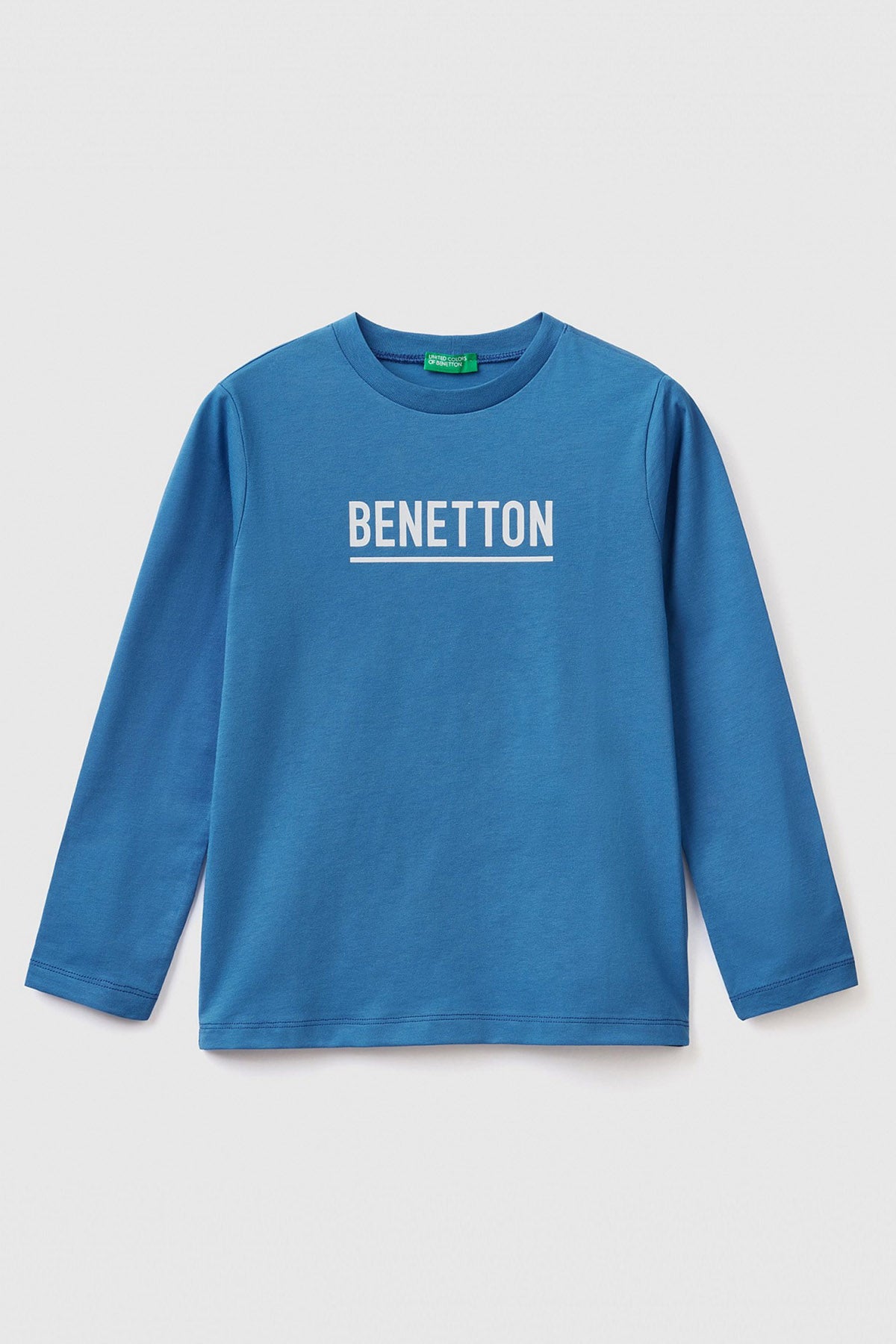 United Colors Of Benetton Baskılı Bisiklet Yaka Uzun Kollu Pamuklu Erkek Çocuk T Shirt 3096C10C7 MAVİ