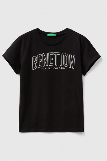 United Colors Of Benetton Baskılı Bisiklet Yaka % 100 Pamuk Kız Çocuk T Shirt 3096C10C8 SİYAH