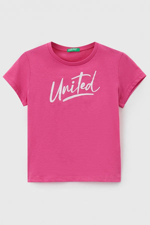 United Colors Of Benetton Baskılı Bisiklet Yaka % 100 Pamuk Kız Çocuk T Shirt 3096C10C8 FUŞYA