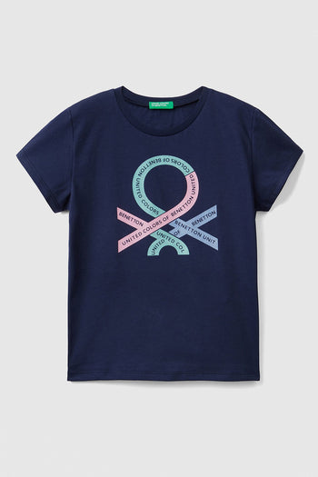 United Colors Of Benetton Baskılı Bisiklet Yaka % 100 Pamuk Kız Çocuk T Shirt 3I1XC10AJ LACİVERT