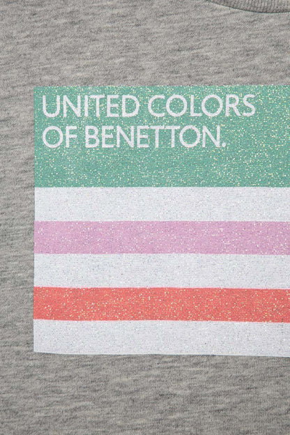 United Colors Of Benetton Baskılı Bisiklet Yaka % 100 Pamuk Kız Çocuk T Shirt 3I1XC10AJ GRİ MELANJ