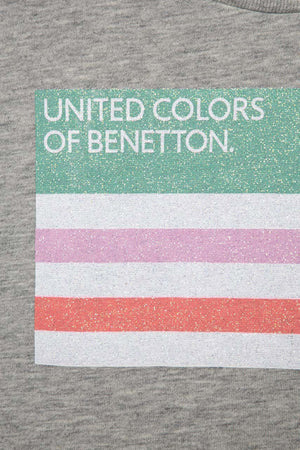 United Colors Of Benetton Baskılı Bisiklet Yaka % 100 Pamuk Kız Çocuk T Shirt 3I1XC10AJ GRİ MELANJ