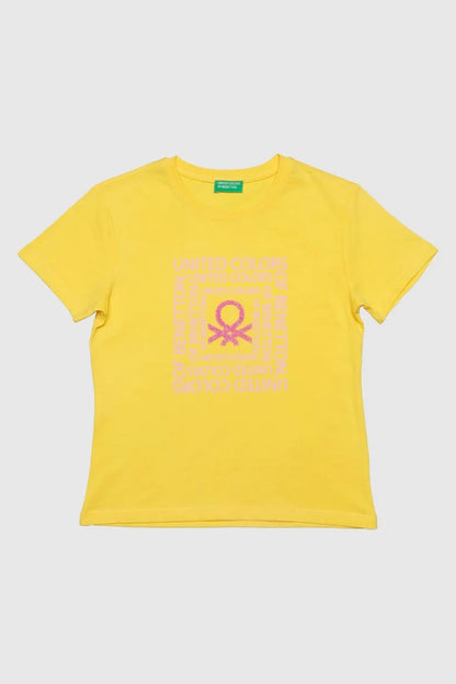 United Colors Of Benetton Baskılı Bisiklet Yaka Kız Çocuk T Shirt BNTG20498 SARI