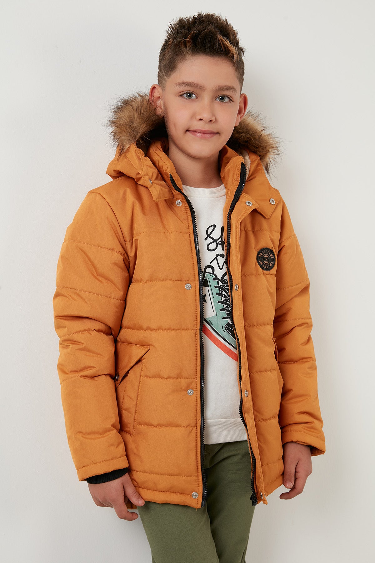 Lela Yakası Suni Kürklü Peluş Astarlı Kapüşonlu Kışlık Erkek Çocuk Mont 6036024 HARDAL