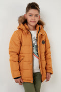 Lela Yakası Suni Kürklü Peluş Astarlı Kapüşonlu Kışlık Erkek Çocuk Mont 6036024 HARDAL