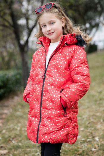 Lela Yakası Suni Kürklü Yıldız Desenli Çıkarılabilir Kapüşonlu Peluş Astarlı Kışlık Kız Çocuk Mont 5760031 KIRMIZI
