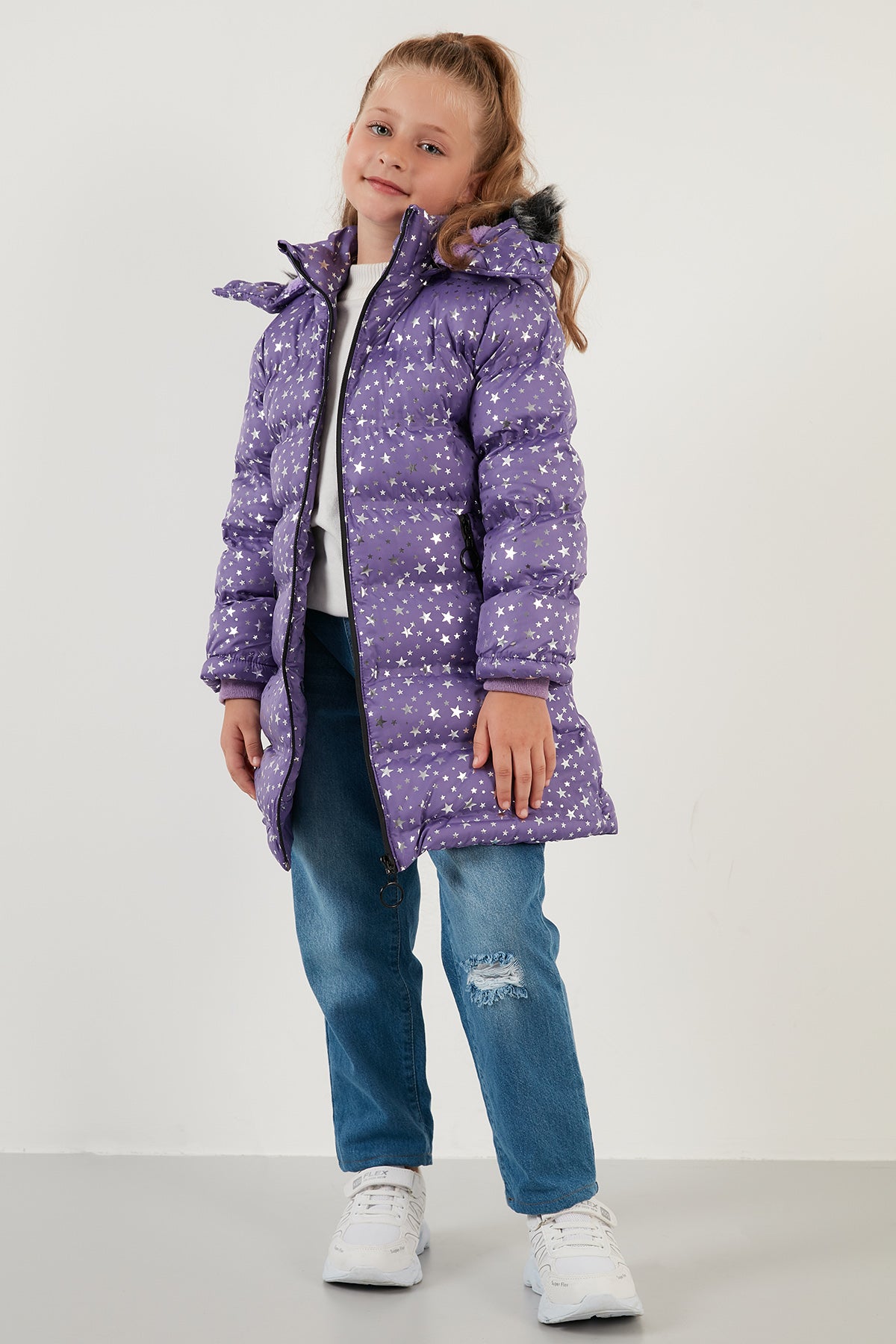 Lela Yakası Suni Kürklü Yıldız Desenli Çıkarılabilir Kapüşonlu Peluş Astarlı Kışlık Kız Çocuk Mont 5760031 MOR