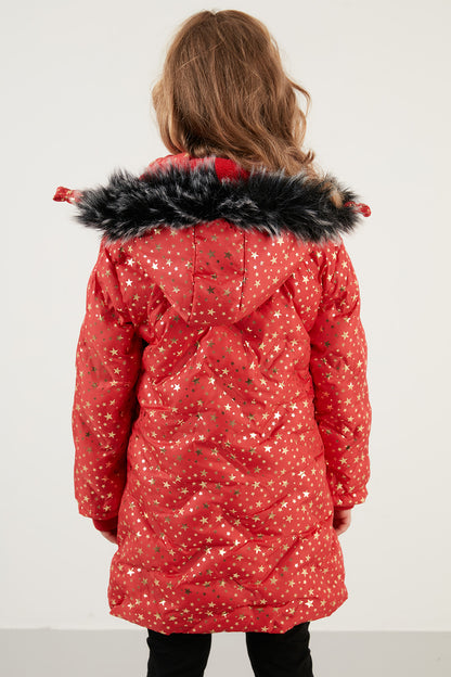 Lela Yakası Suni Kürklü Yıldız Desenli Çıkarılabilir Kapüşonlu Peluş Astarlı Kışlık Kız Çocuk Mont 5760050 KIRMIZI